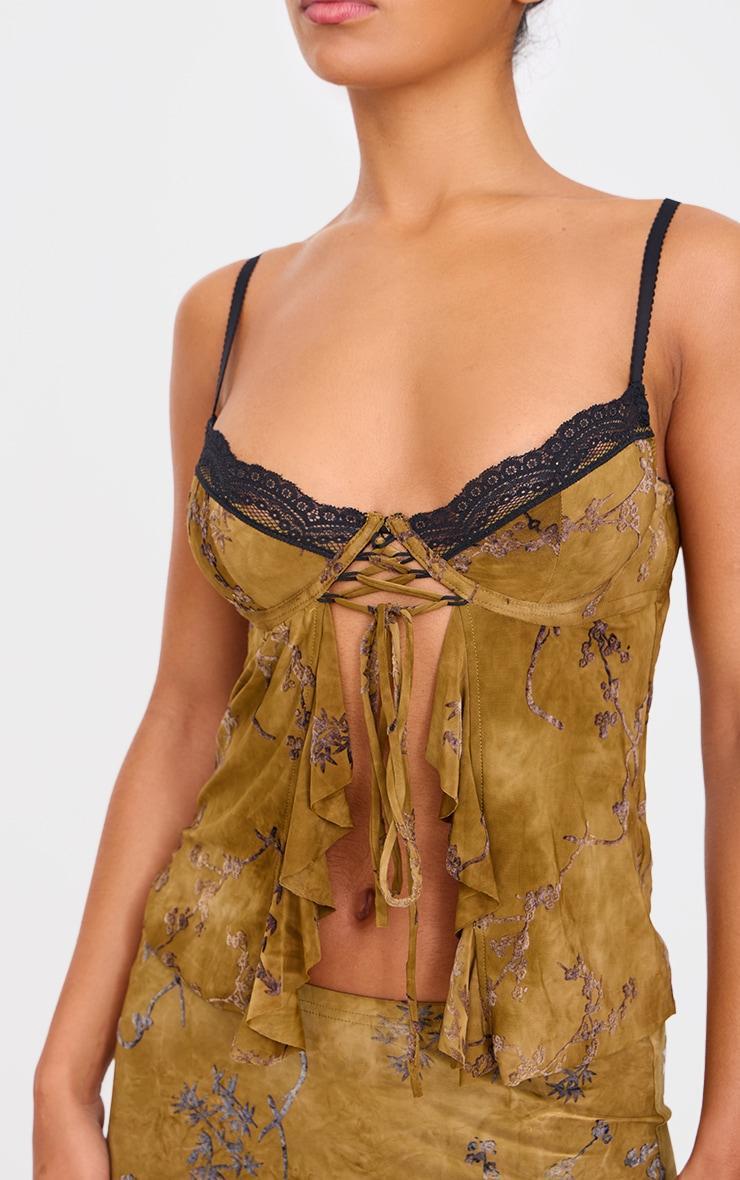 Khaki Devore Lace Trim Strappy Long Top product image