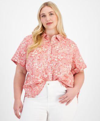 Plus Size Cotton Cuffed-Sleeve Camp Shirt Product Image