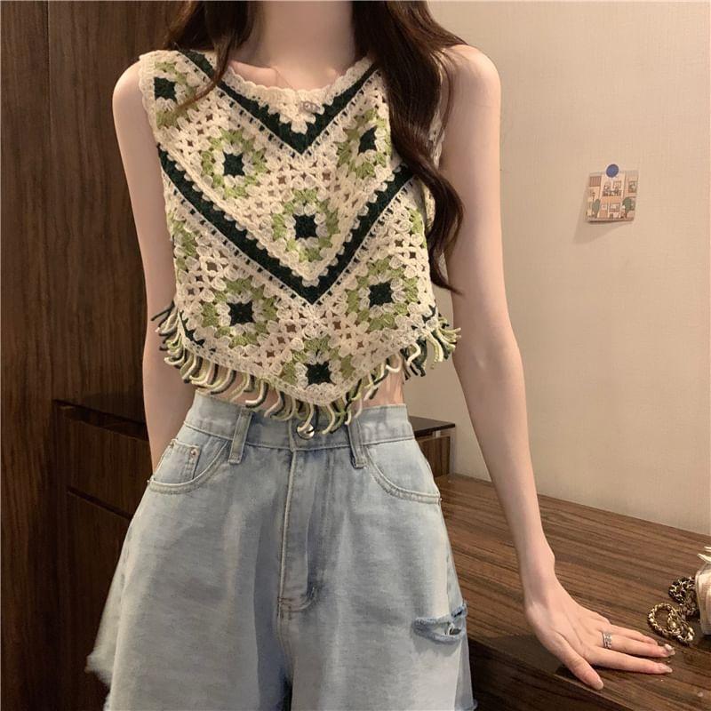 Patterned Asymmetrical Crochet Knit Crop Tank Top Product Image