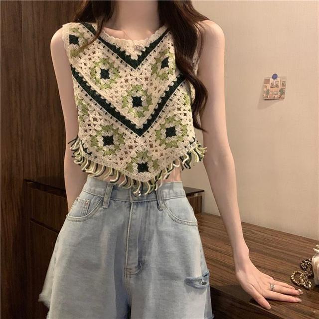 Patterned Asymmetrical Crochet Knit Crop Tank Top Product Image