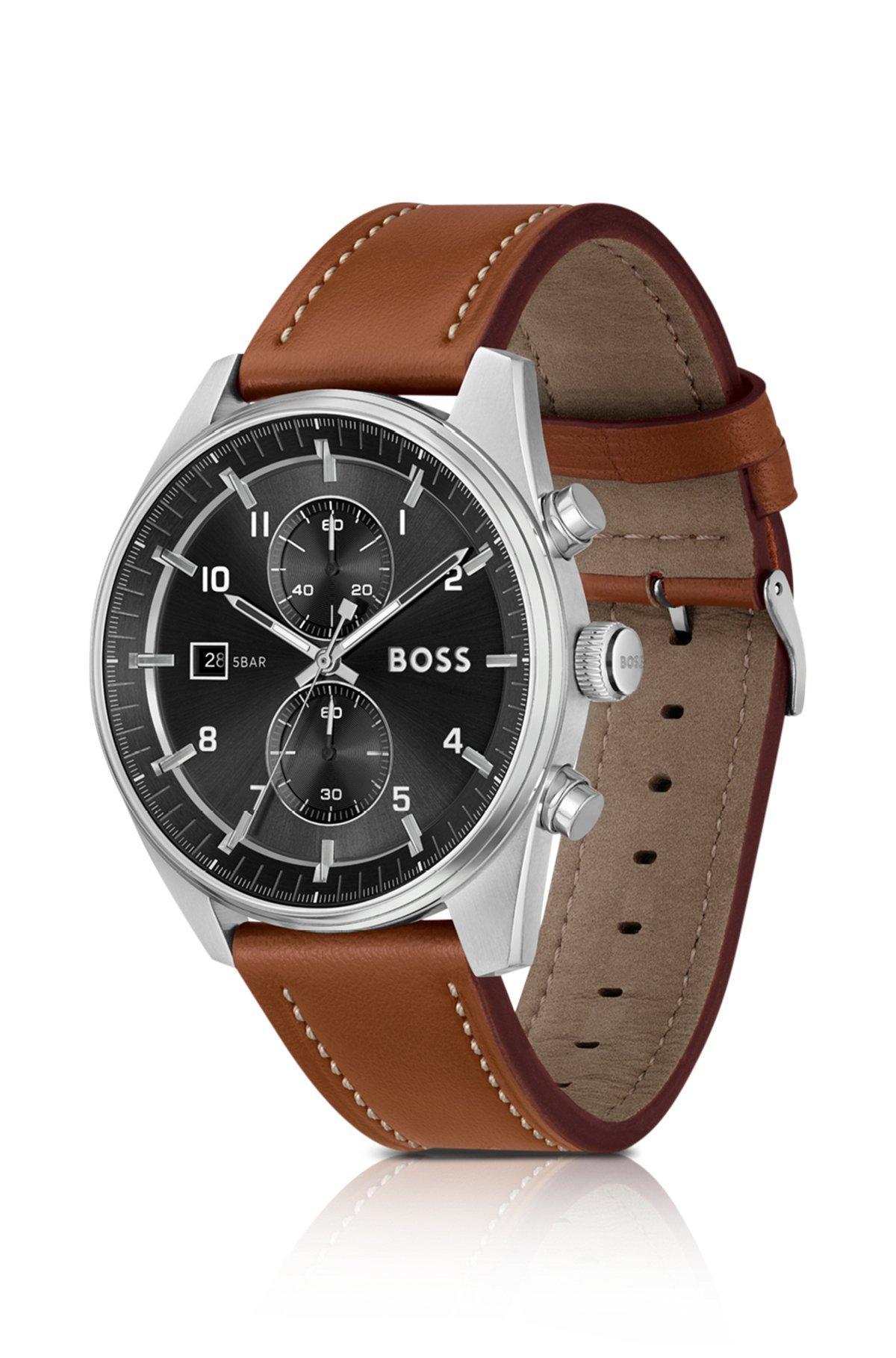 Black-dial chronograph watch with brown leather strap Product Image