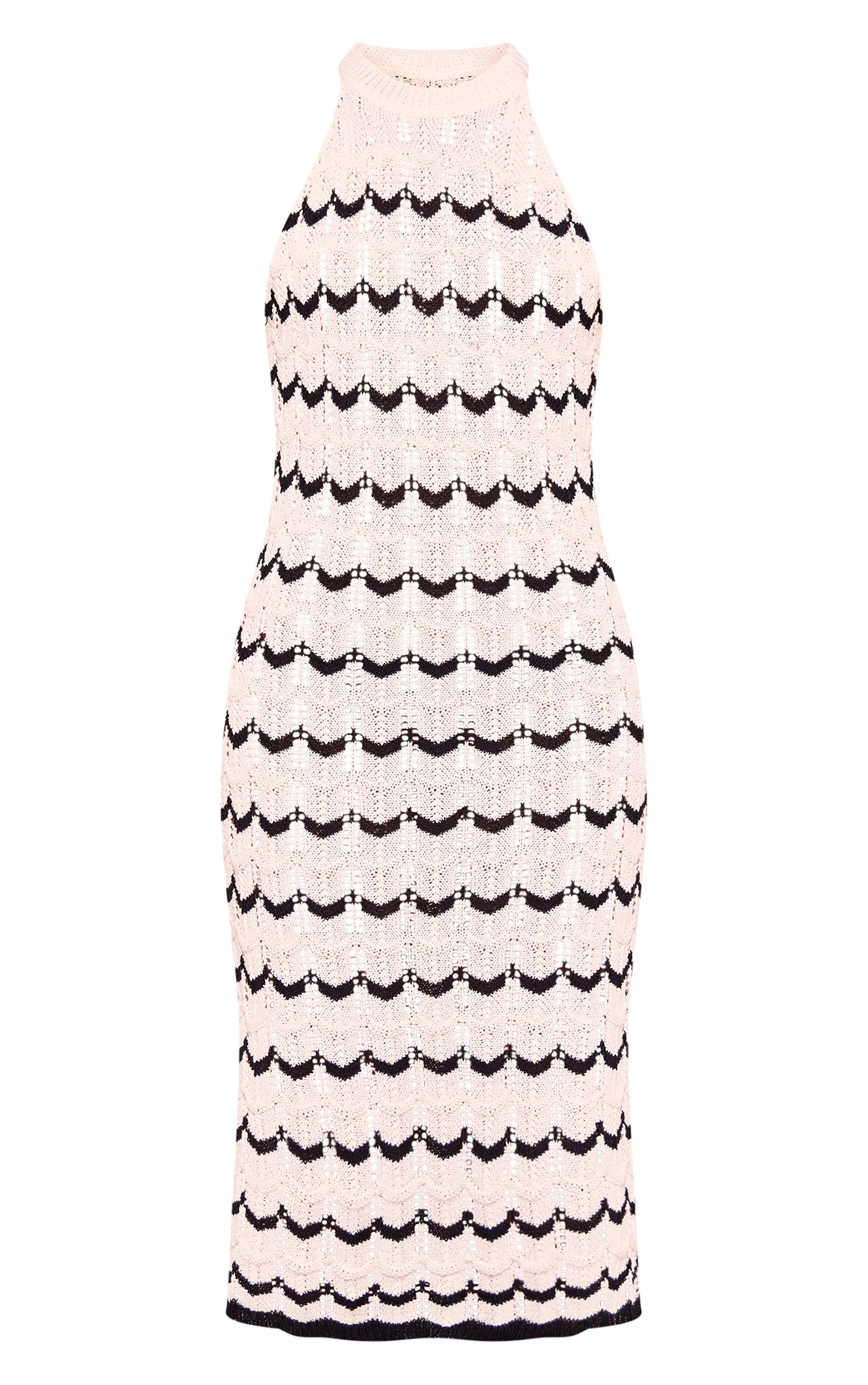 Monochrome Crochet Wave Knit Racer Neck Maxi Dress Product Image