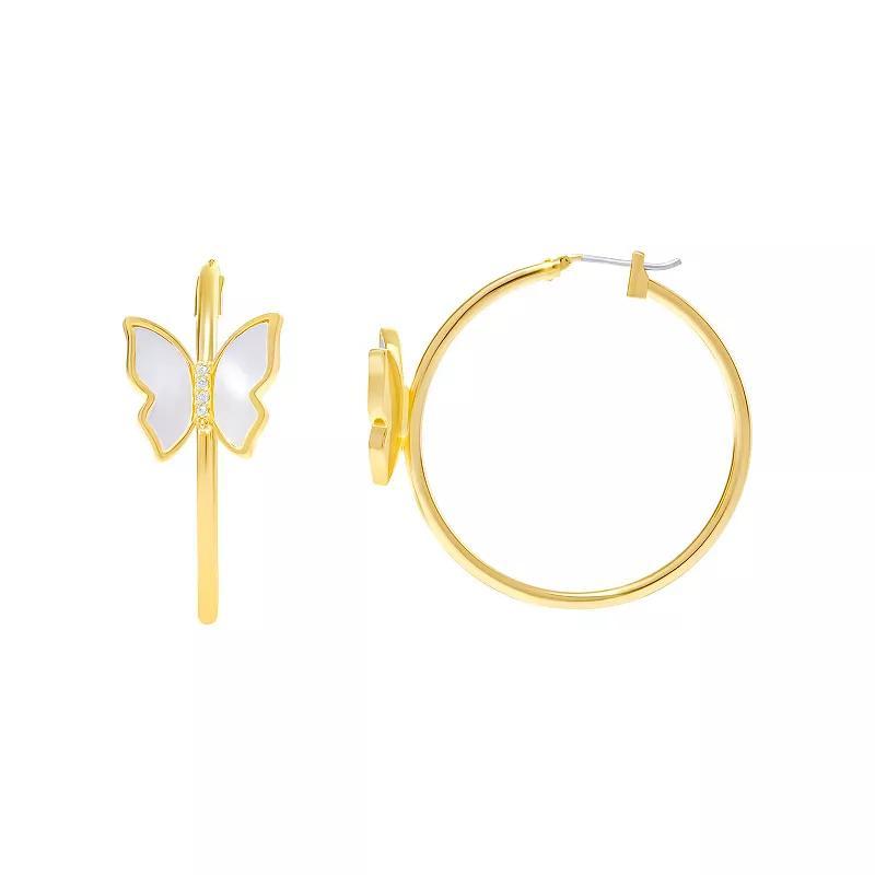 Emberly White Shell And Glass Stone Butterfly On A Polished Hoop Earrings, Womens, Yellow Product Image