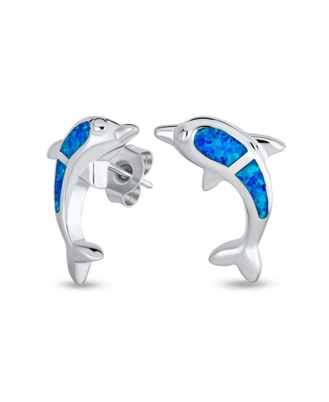 Bling Jewelry Created Blue Opal Inlay Nautical Ocean Marine Hawaiian Sea Life Dolphins Stud Earrings For Women .925 Sterling Silver Product Image