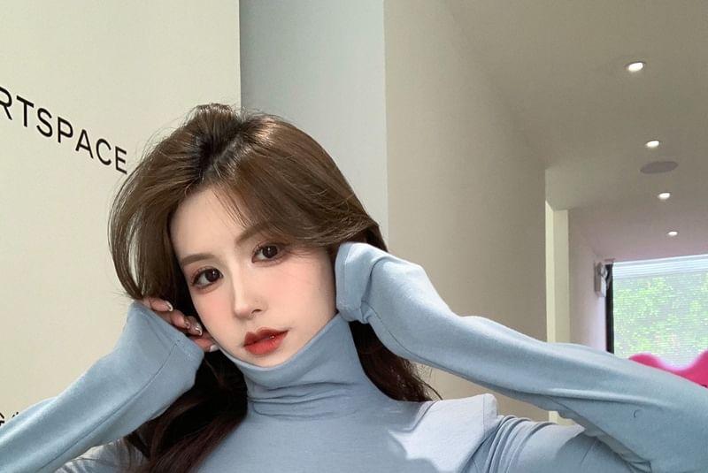 Long Sleeve Turtleneck Plain Crop Tee Product Image