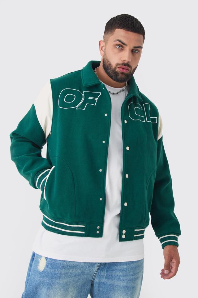 Plus OFCL Collared Varsity Jacket In Green | boohooMAN USA Product Image