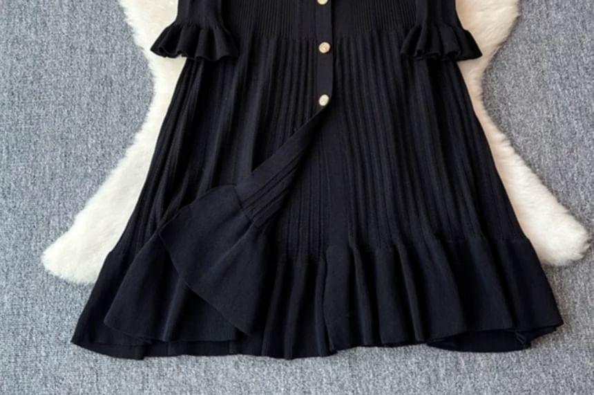 Flared-Sleeve V-Neck Plain Ribbed Knit Midi A-Line Dress Product Image