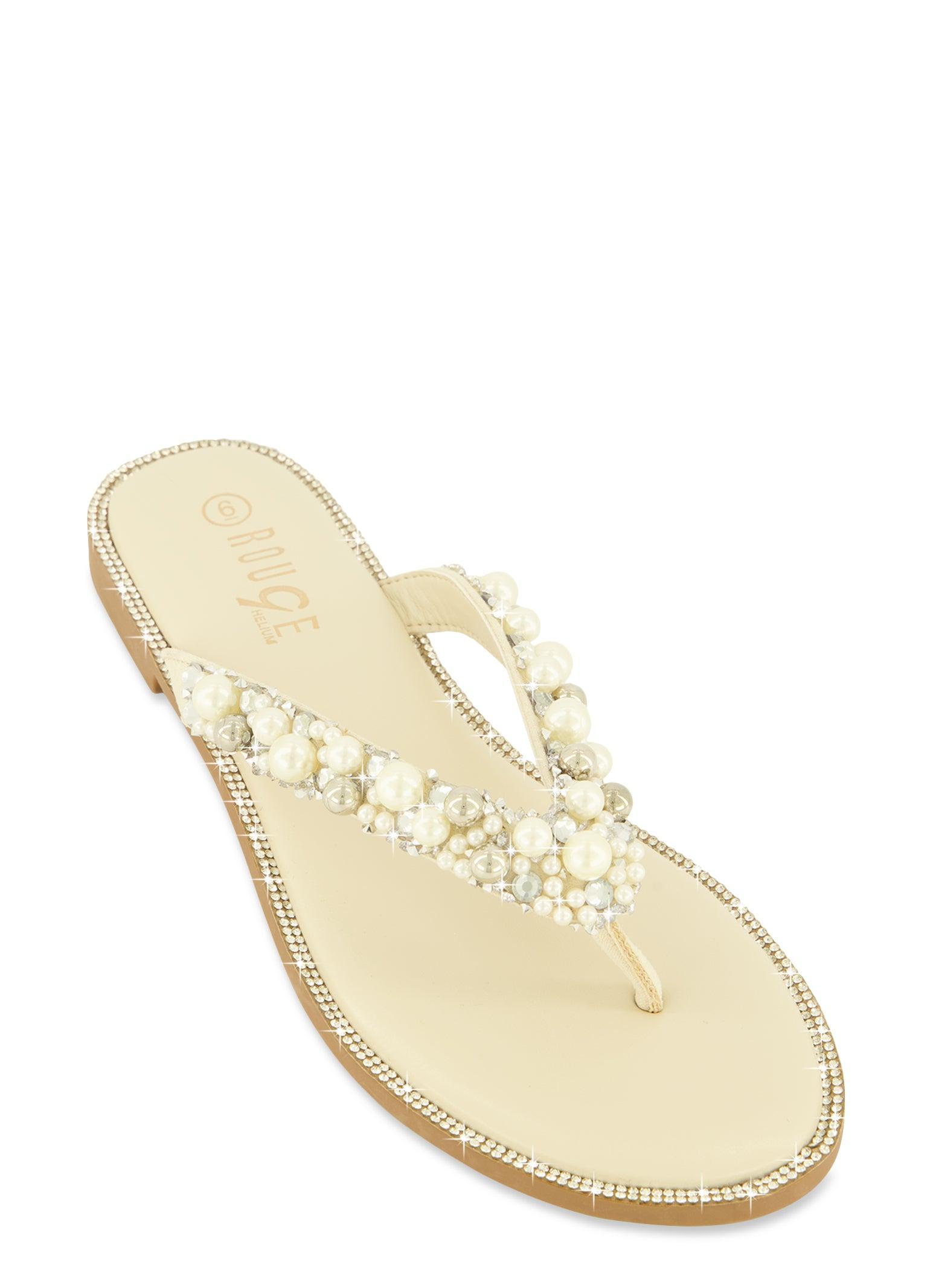 Womens Rhinestone Trim Faux Pearl Thong Sandals Product Image