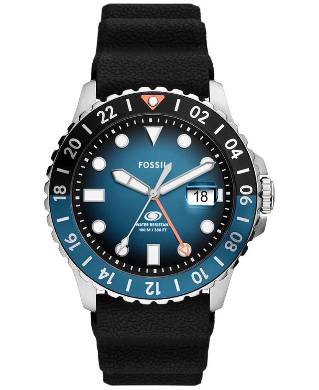 Fossil Mens Blue Greenwich Mean Time Black Silicone Watch 46mm Product Image