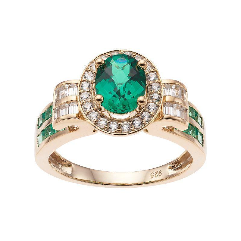 14k Gold Over Silver Lab-Created Emerald & White Sapphire Oval Halo Ring, Womens Green Product Image