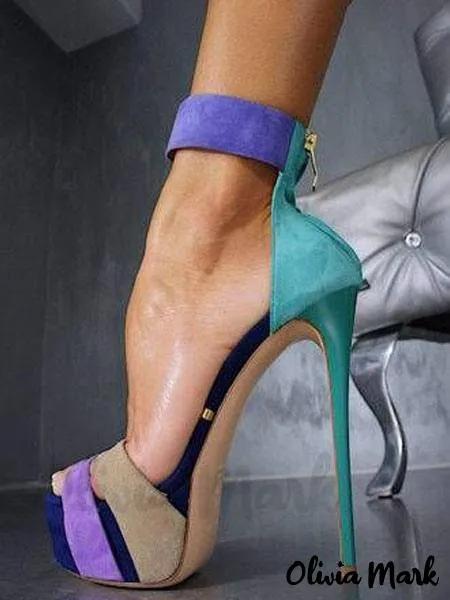 Olivia Mark – Sophisticated Teal Sandal Shoes for Women – Open Toe, Stiletto Heel, and Color Block Design Product Image