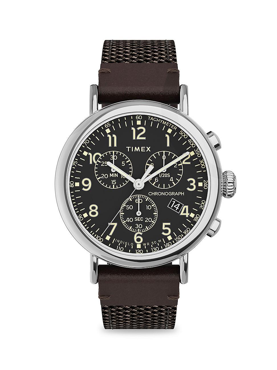 Mens Standard Silvertone & Fabric & Leather Strap Chronograph Watch Product Image