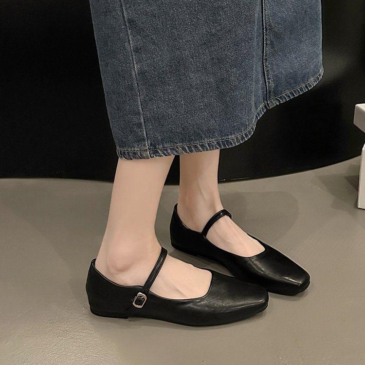 Plain Buckled Faux Leather Mary Jane Flats Product Image