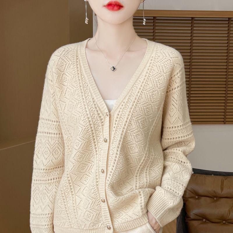 V-Neck Plain Pointelle Knitted Cardigan Product Image