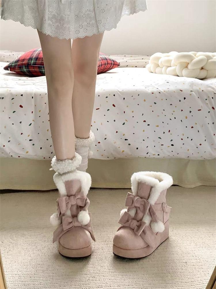 Platform Bow Pom Pom Heart Buckled Fleece-Lined Short Boots Product Image