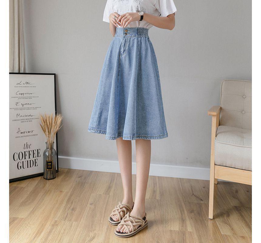 Elastic Waist Washed Button-Fly Midi A-Line Denim Skirt Product Image