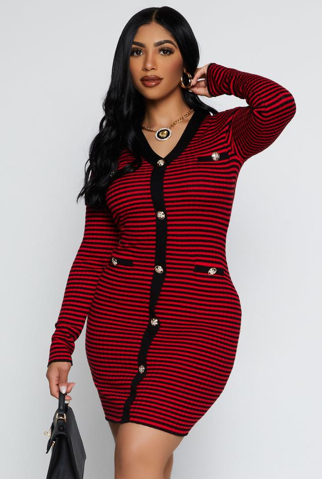 Womens Striped Ribbed Knit Button Detail Dress Product Image