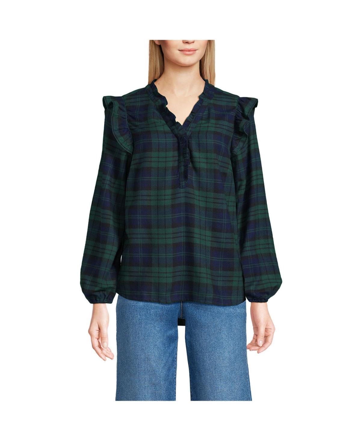 Womens Lands End Ruffle Front Flannel Popover Blouse Deep Green Plaid Product Image