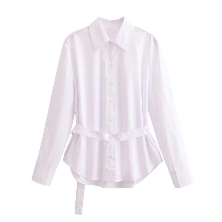 Long Sleeve Lapel Collar Plain Belted Shirt Product Image