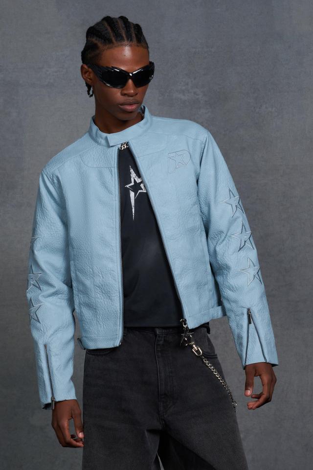 P-Star Boxy Faux Leather Panelled MOTO Jacket | boohooMAN USA Product Image