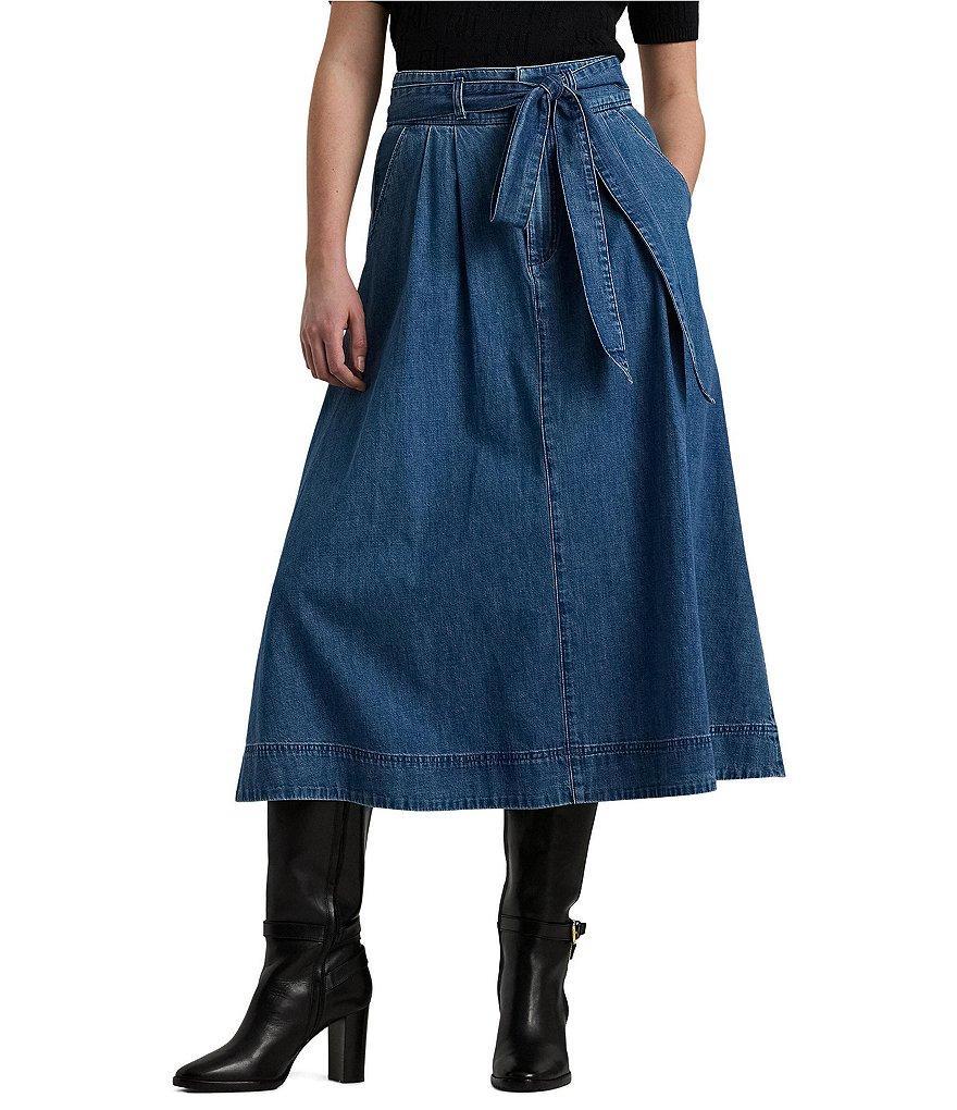 Lauren Ralph Lauren Shirlaine Denim Pleated Belted Midi Skirt Product Image