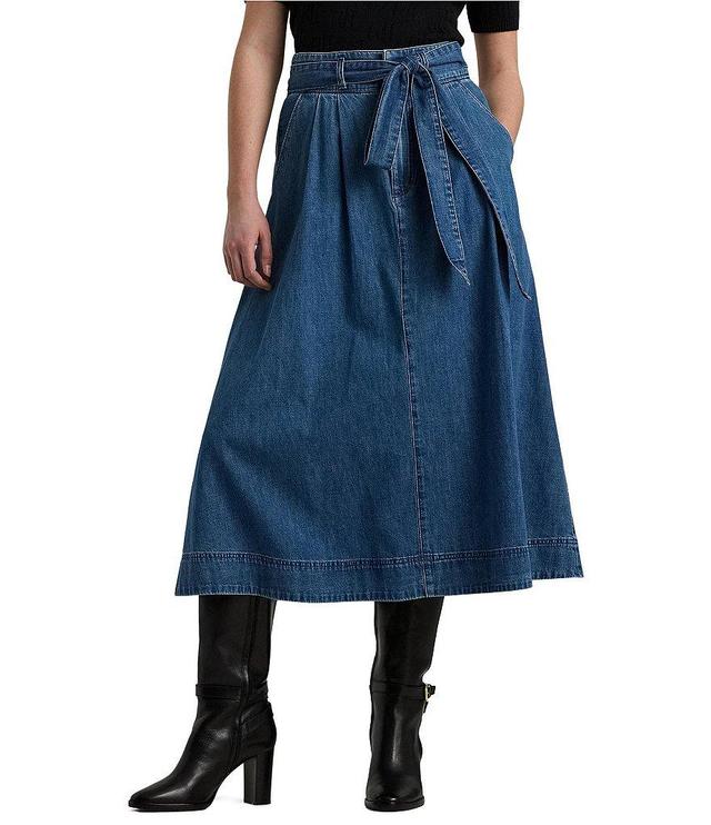 Lauren Ralph Lauren Shirlaine Denim Pleated Belted Midi Skirt Product Image