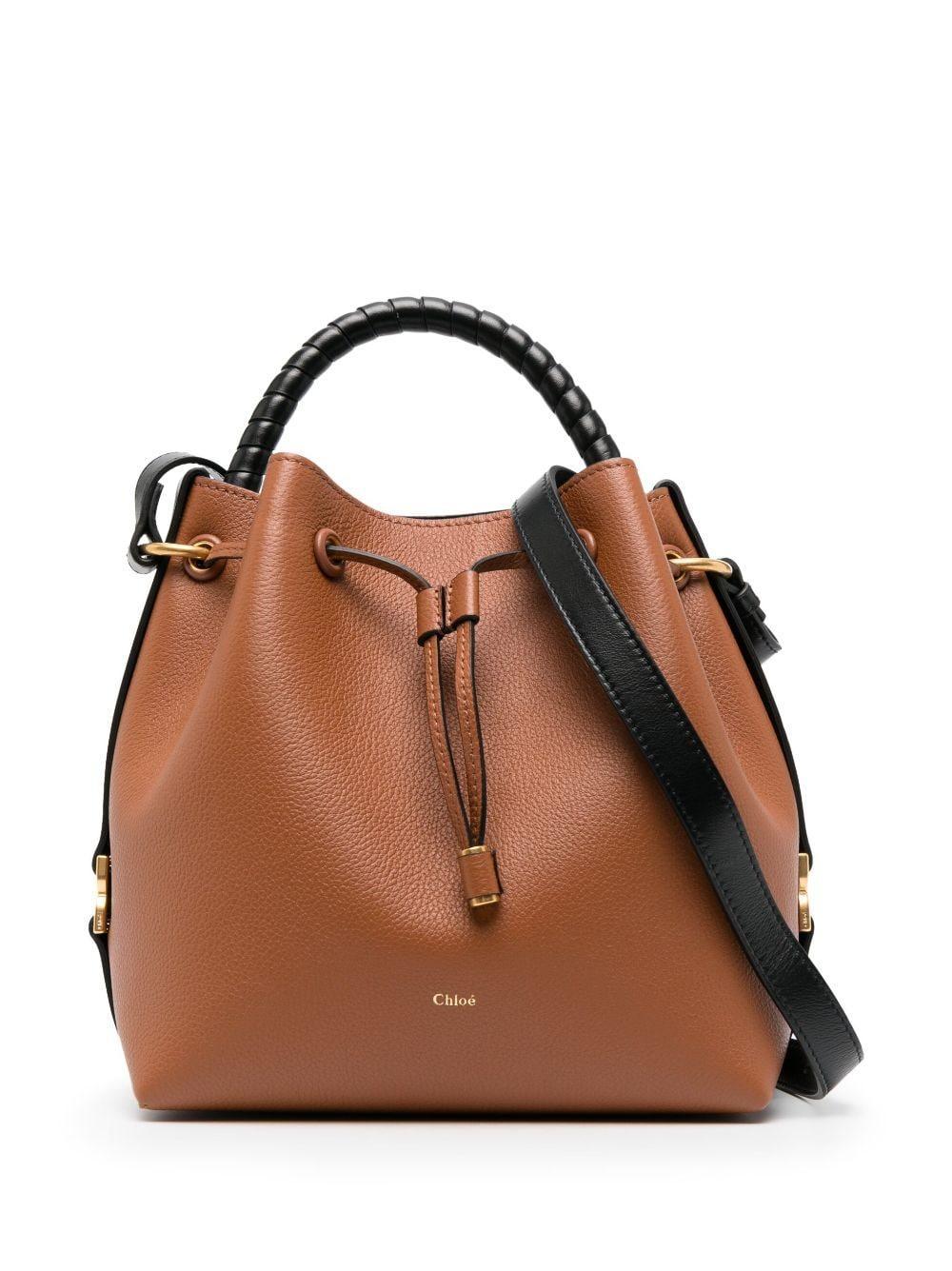 Marcie Drawstring Calfskin Bucket Bag In Brown Product Image