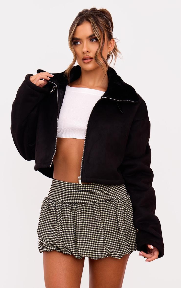 Black Dropped Shoulder Cropped Faux Fur Contrast Jacket Product Image