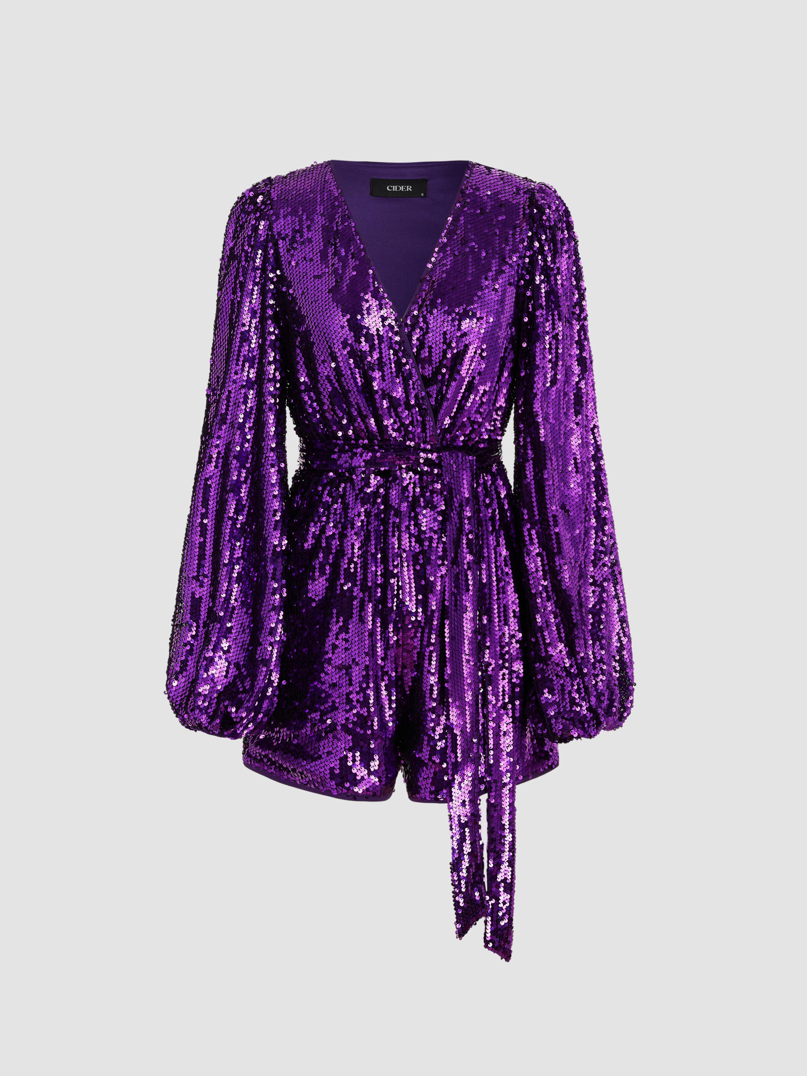 Sequin V-neck Solid Belted Romper Product Image