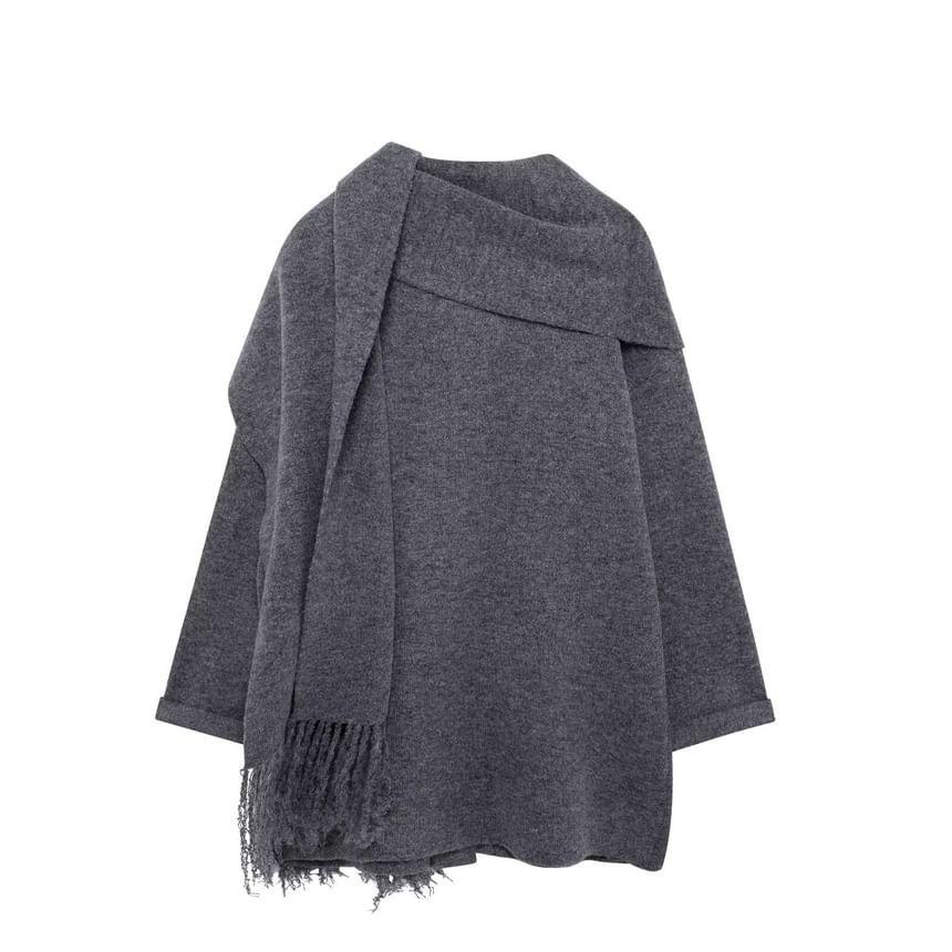 Set: Round Neck Long Cardigan + Fringed Scarf Product Image