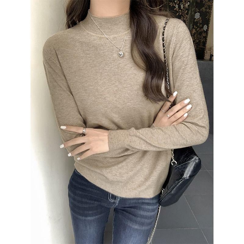 Long-Sleeve Mock Neck Plain Knit Top Product Image