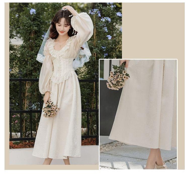 Long Sleeve Scoop Neck Ruffle Trim Midi A-Line Dress / Veil / Set Product Image