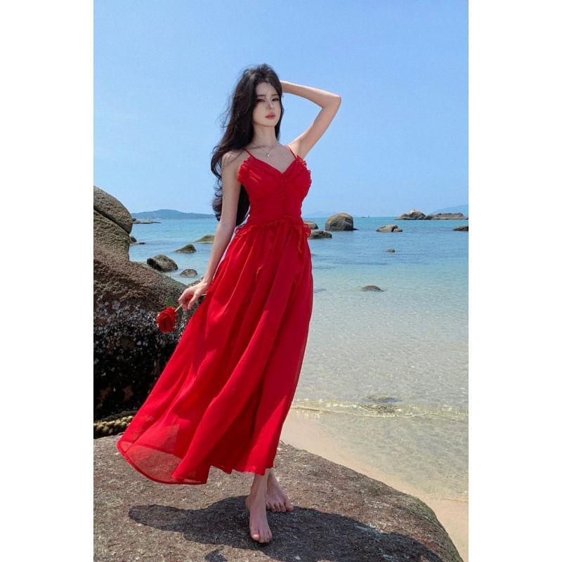 Spaghetti Strap V-Neck Plain Maxi A-Line Dress Product Image