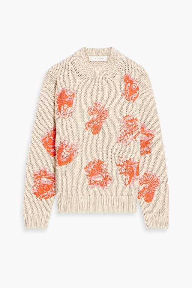 Embroidered Merino Wool Sweater In Ecru Product Image