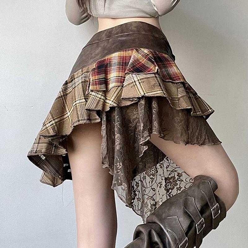 Low Rise Plaid Panel Asymmetrical Mini Skirt Product Image