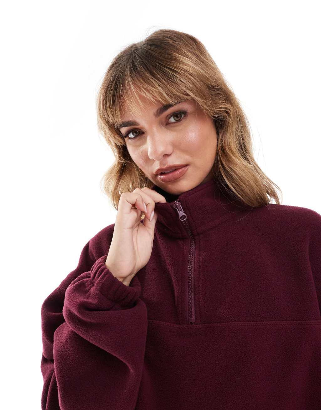 ASOS DESIGN half zip fleece in burgundy Product Image