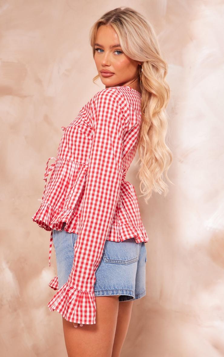 Red Checked Tie Front Flare Sleeve Shirt Product Image