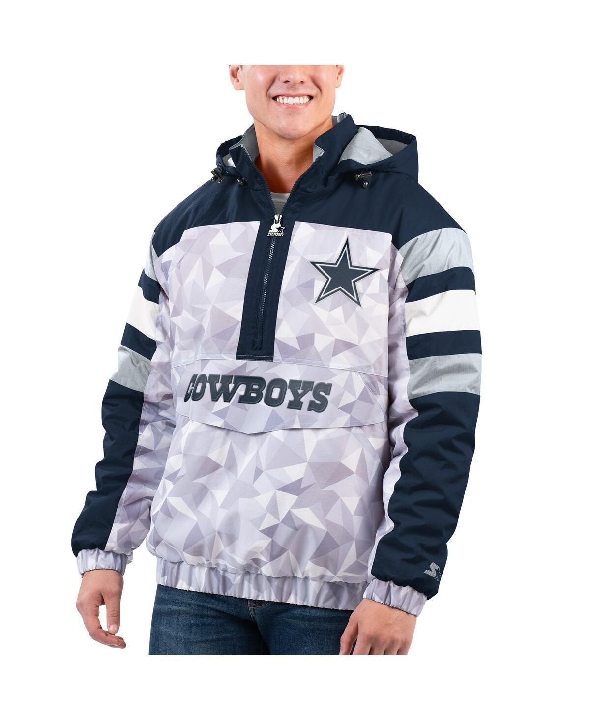 Mens Starter White/Navy Dallas Cowboys Thursday Night Gridiron Raglan Half-Zip Hooded Jacket Product Image