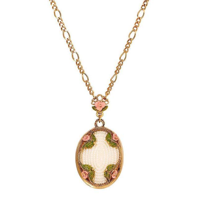 1928 Gold Tone Simulated Pearl Bead Pink Flower Medallion Necklace, Womens Product Image