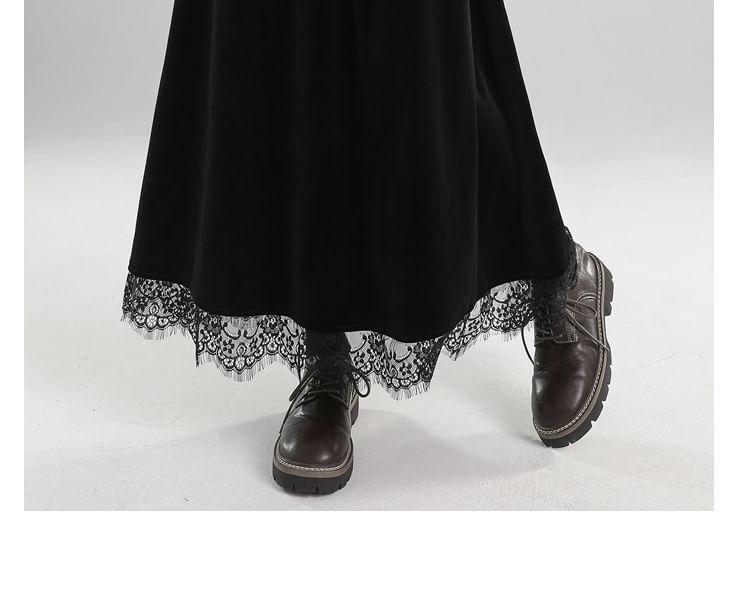 Elastic Waist Plain Velvet Lace Trim Midi A-Line Skirt Product Image