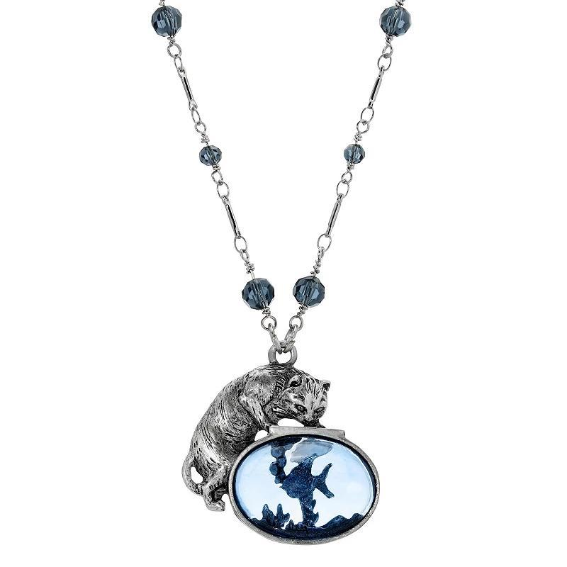 1928 Silver Tone Montana Blue Beaded Cat & Fish Necklace, Womens Product Image