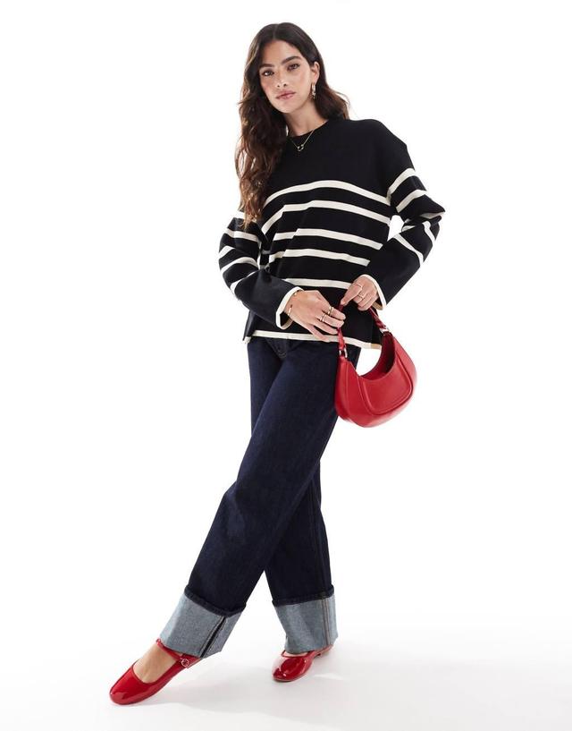 Vero Moda o neck sweater in black with cream stripe Product Image