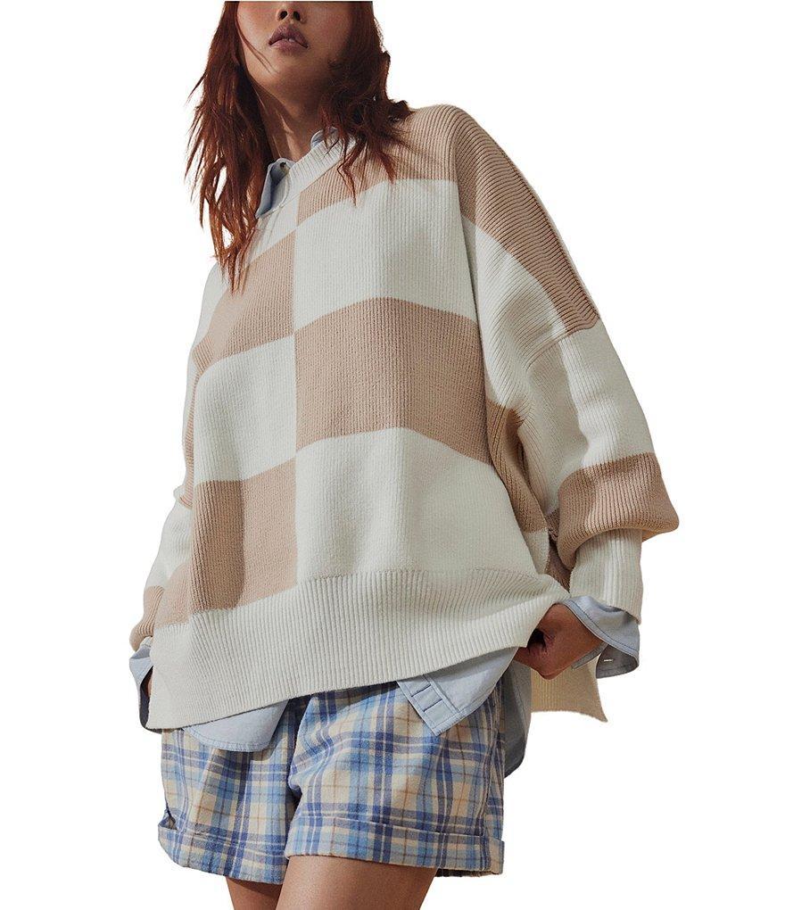 Free People Easy Street Ribbed Knit Checked Print Crew Neck Long Sleeve Tunic Product Image