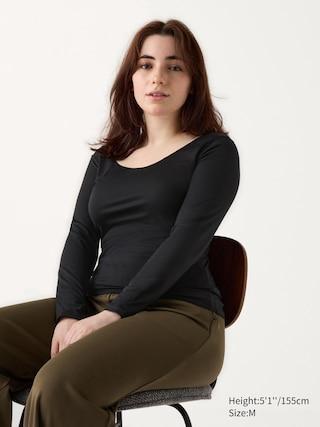 Womens Heattech Scoop Neck T-Shirt Long Sleeve with Moisture-Wicking Black XS UNIQLO US Product Image