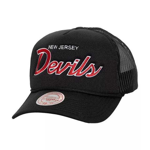 Mens Mitchell & Ness Black New Jersey Devils Script Side Patch Trucker Adjustable Hat Product Image