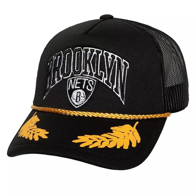 Mens Mitchell & Ness Black Brooklyn Nets Hardwood Classics Gold Leaf Mesh Trucker Snapback Hat Product Image