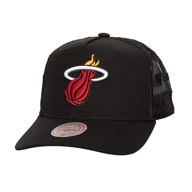 Mitchell & Ness Mens Black Miami Heat Monogram All-Over Logo Mesh Trucker Adjustable Hat Product Image