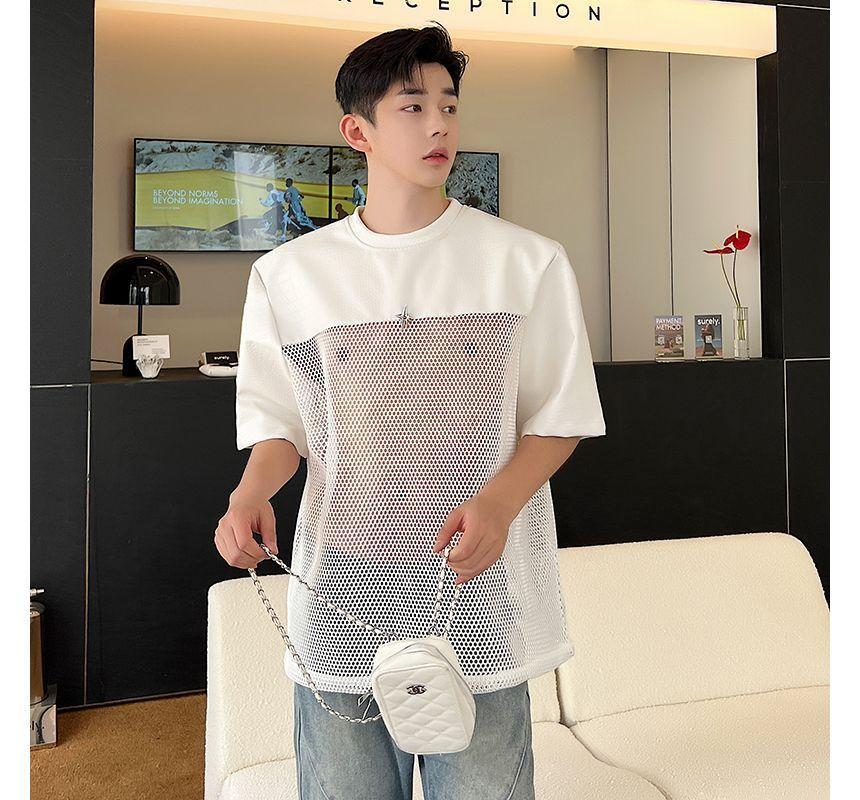 Short-Sleeve Crew Neck Plain Mesh Panel T-Shirt Product Image