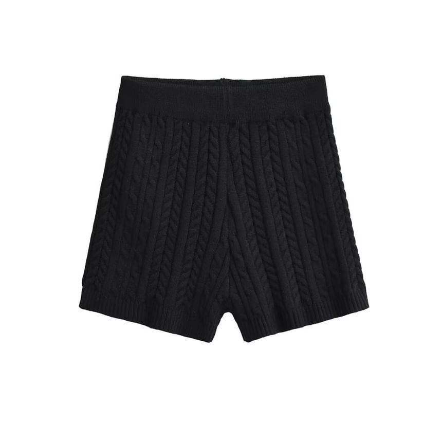 High Waist Plain Cable Knit Shorts Product Image