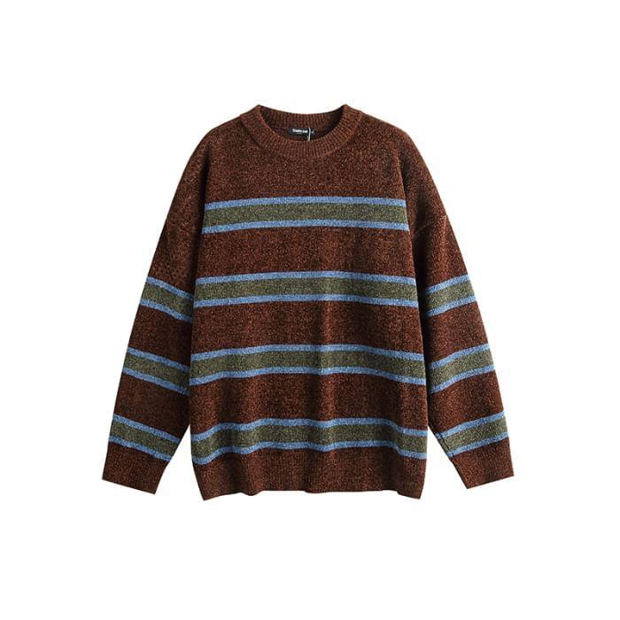 Round Neck Drop Shoulder Striped Oversized Sweater Product Image